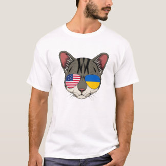 Cute Cat Wearing Ukrainian American Flag Sunglasse T-Shirt