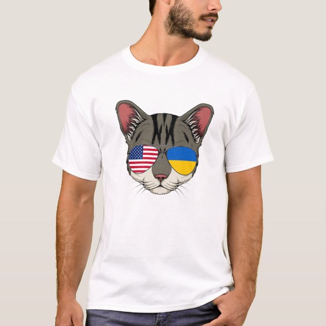 Cute Cat Wearing Ukrainian American Flag Sunglasse T-Shirt (Front)