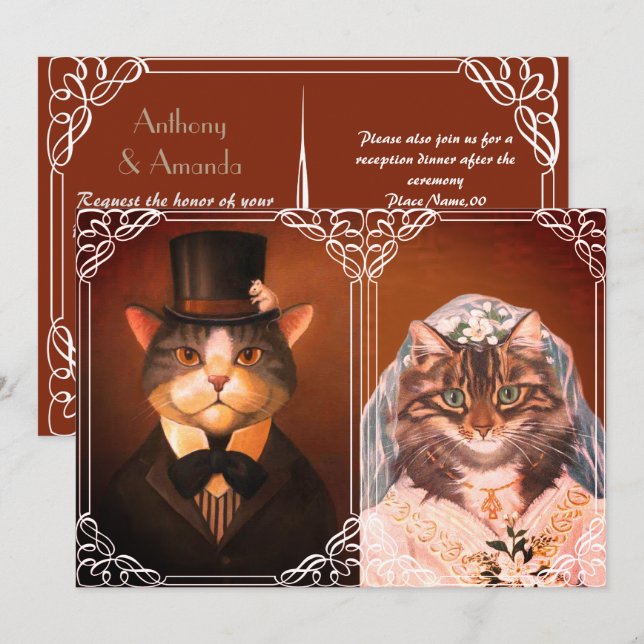 Cute cat wedding couple invitation (Front/Back)