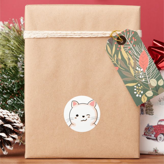 Cute Cat whiskers Wink White Cat Pet Owner Classic Round Sticker (Holiday)