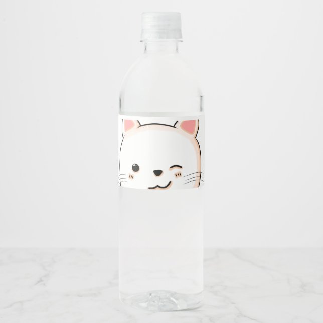 Cute Cat whiskers Wink White Cat Pet Owner Water Bottle Label (Front)