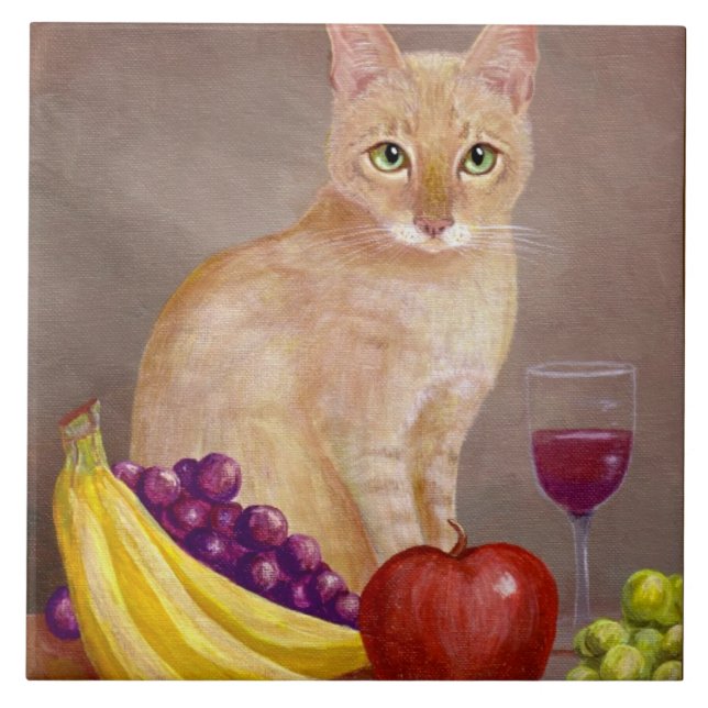 Cute Cat Wine Grapes Apple Bananas Creationarts Tile (Front)