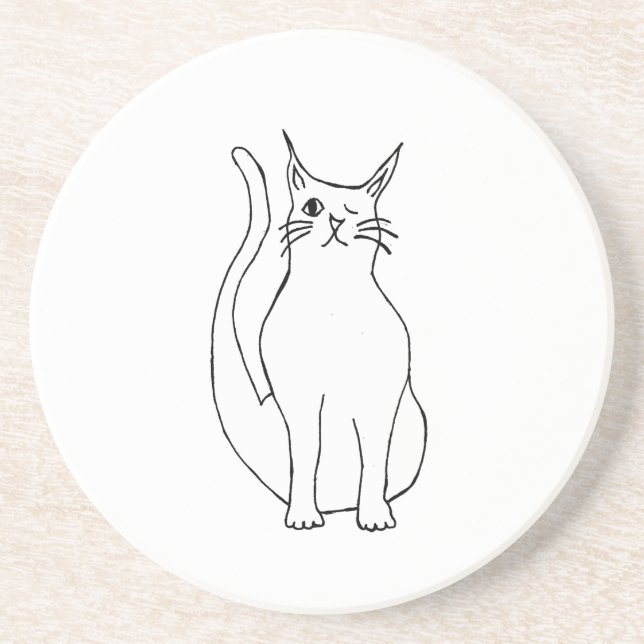 Cute Cat Winking Kitty Cartoon Black White Coaster (Front)