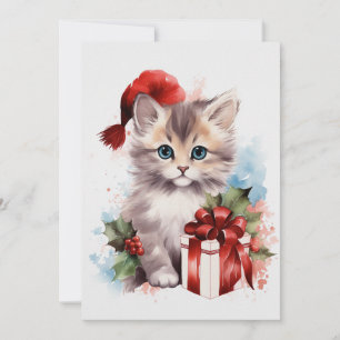 Cute Cat Winter Christmas Watercolor Invitation