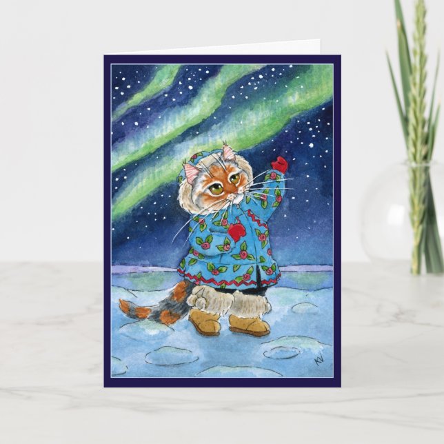 Cute cat, winter, northern lights, funny Christmas Holiday Card (Front)