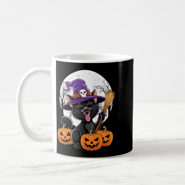Cute Cat Witch Halloween Pumpkin Black Cat Coffee Mug (Left)