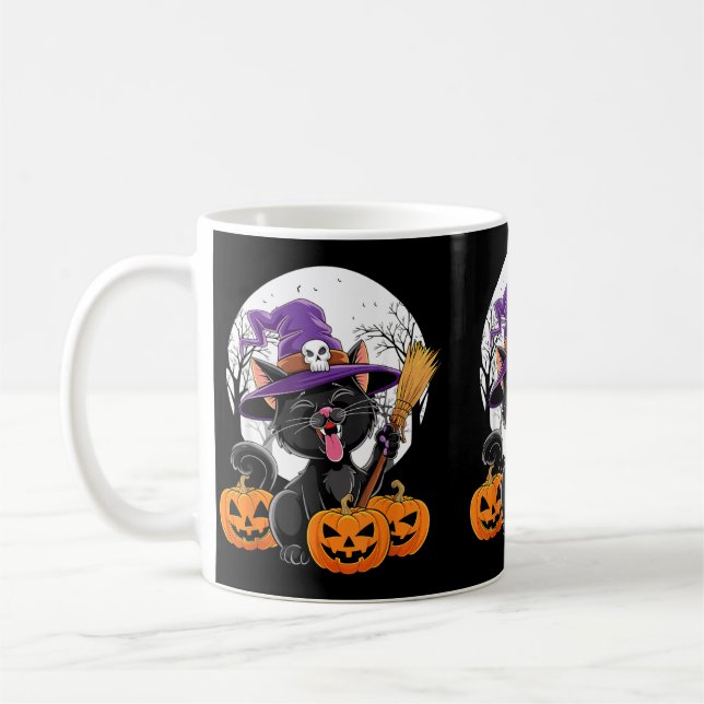 Cute Cat Witch Halloween Pumpkin Black Cat Coffee Mug (Left)