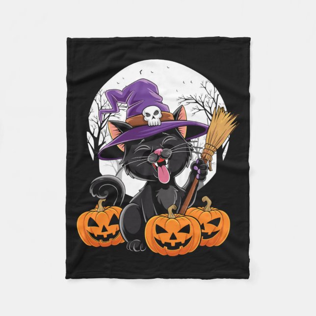 Cute Cat Witch Halloween Pumpkin Black Cat Fleece Blanket (Front)