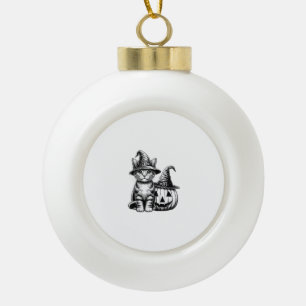 Cute Cat Witch Hat Pumpkin Halloween Cat Lover Boy Ceramic Ball Christmas Ornament