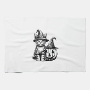 Cute Cat Witch Hat Pumpkin Halloween Cat Lover Boy Tea Towel