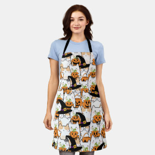 Cute Cat Witch Holding Bumkin Halloween Apron