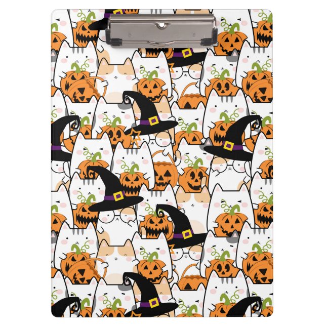 Cute Cat Witch Holding Bumkin Halloween Clipboard (Front)