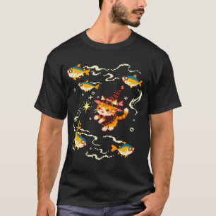 Cute Cat Witch Summoning Tuna Fish Magic Pixel Art T-Shirt