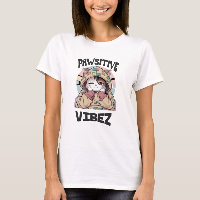 Cute Cat with a Hoodie: 'PAWSITIVE VIBEZ design T-Shirt (Front)