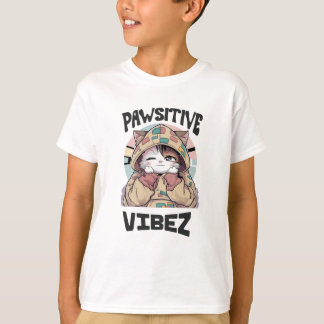 Cute Cat with a Hoodie: 'PAWSITIVE VIBEZ design T-Shirt