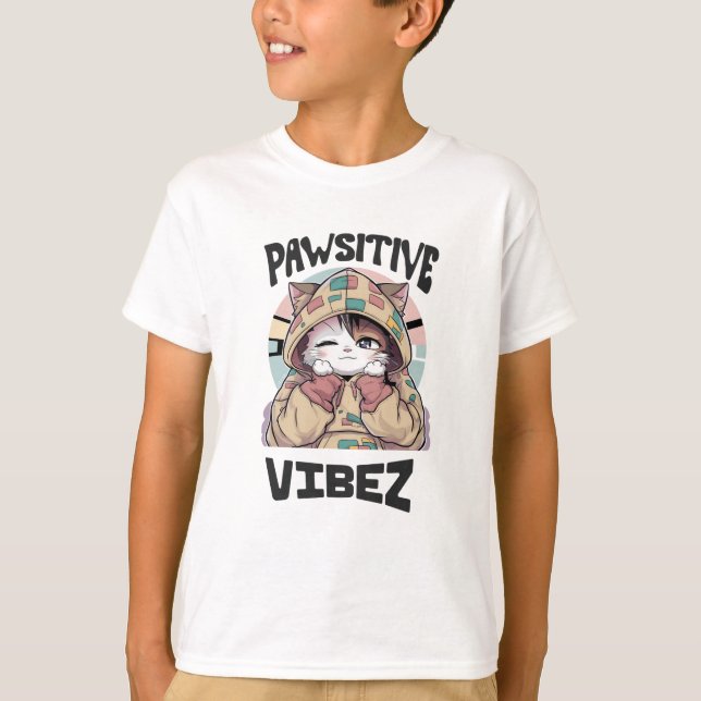 Cute Cat with a Hoodie: 'PAWSITIVE VIBEZ design T-Shirt (Front)