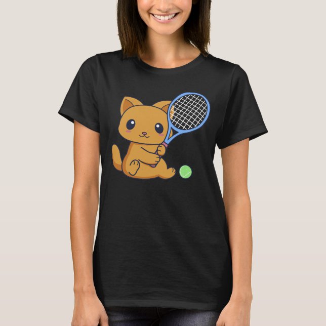 Cute Cat With A Tennis Raquet And Tennis Ball Cat T-Shirt (Front)