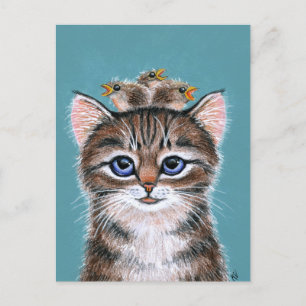 Cute Cat with Baby Birds Spring postcard