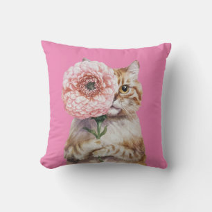 Cute Cat with Big Flower Adorable Ginger Cat Cushion