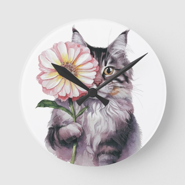  Cute Cat with Big Flower| Adorable Maine coon Cat Round Clock (Front)