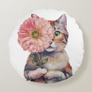 Cute Cat with Big Flower| Adorable Siamese Cat Round Cushion