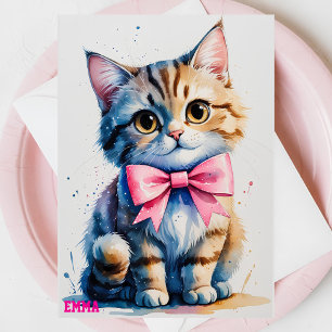 Cute cat with bow happy birthday invitation