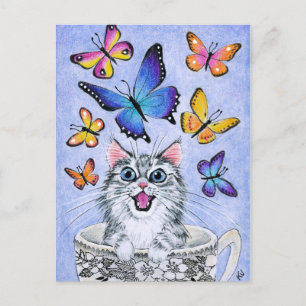Cute Cat with Butterflies, Tea Cup postcard