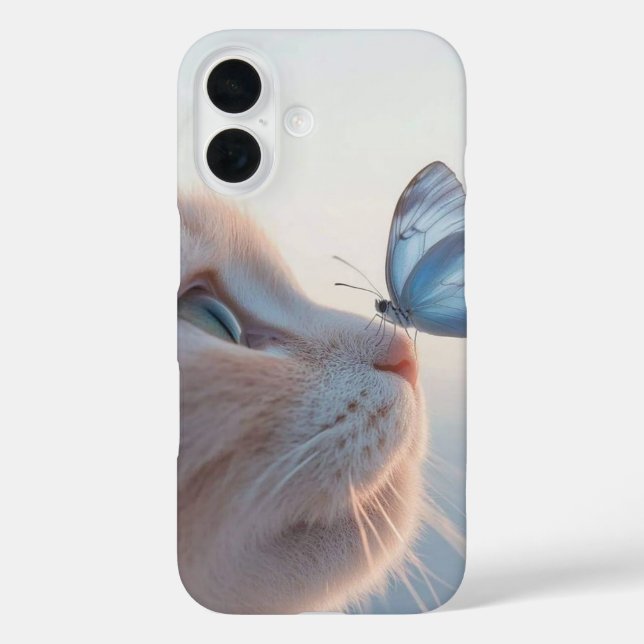Cute Cat with Butterfly iPhone 16 Cases (Back)