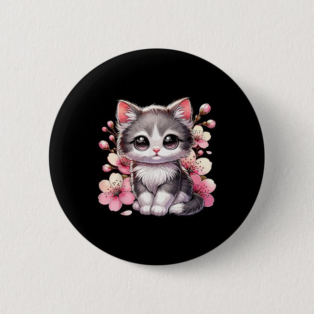 Cute Cat With Cherry Blossoms Cat  6 Cm Round Badge (Front)