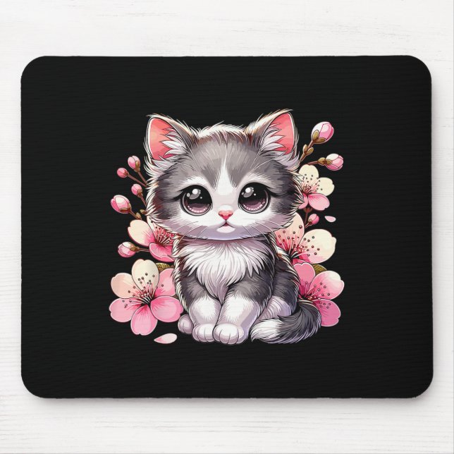 Cute Cat With Cherry Blossoms Cat  Mouse Mat (Front)