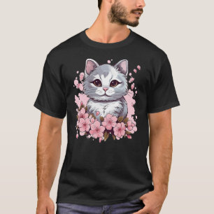 Cute Cat With Cherry Blossoms I Kids Cat (4) T-Shirt
