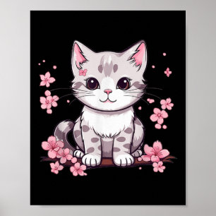 Cute Cat With Cherry Blossoms I Kids Cat Poster