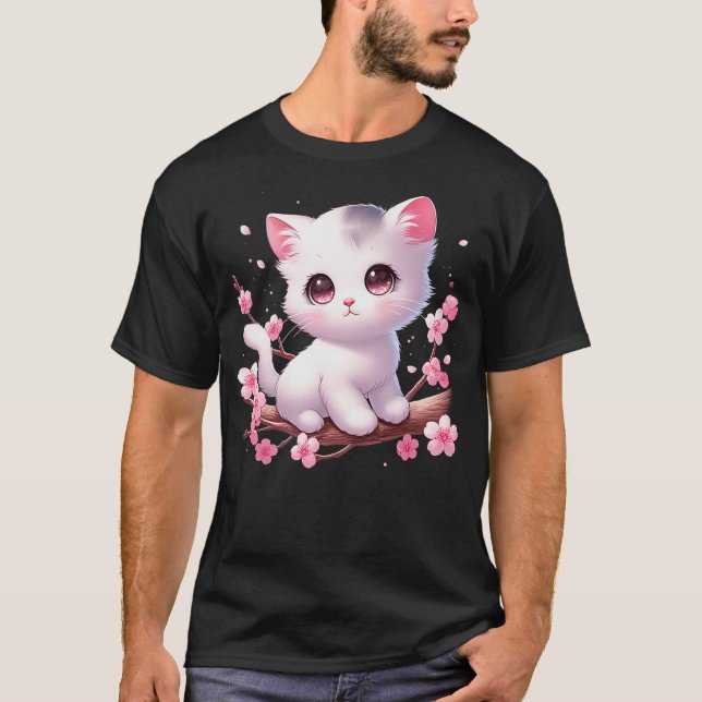 Cute Cat With Cherry Blossoms I Kids Cat T-Shirt (Front)