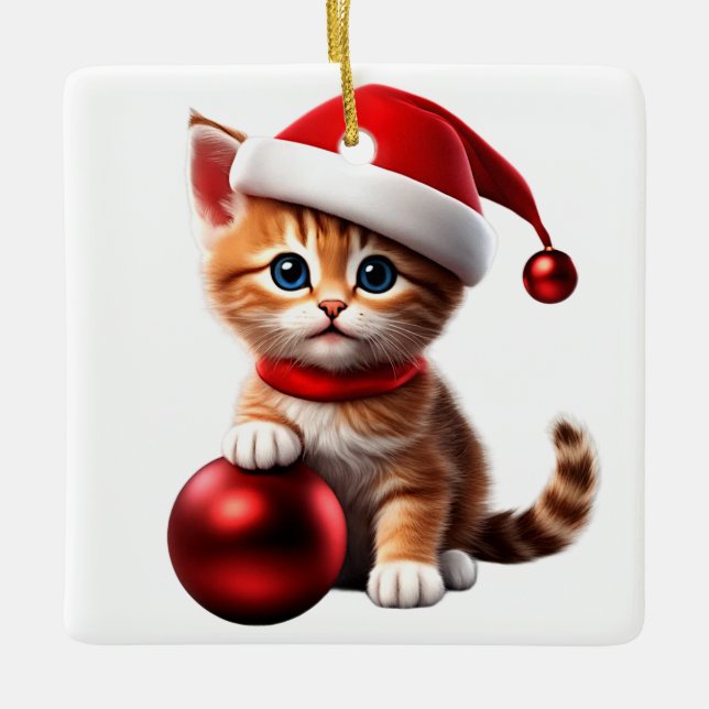 Cute Cat with Christmas Hat and red Christmas Ball Ceramic Ornament (Front)