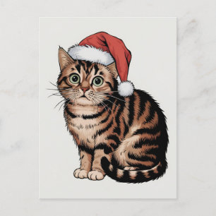 Cute cat with christmas hat holiday postcard