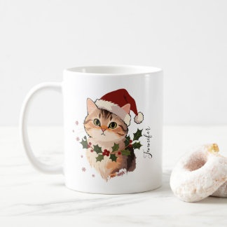 Cute Cat with Christmas hat Personalized Name Coffee Mug