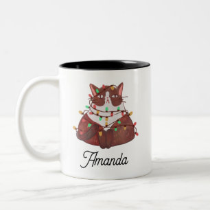 Cute cat with christmas light Two-Tone coffee mug