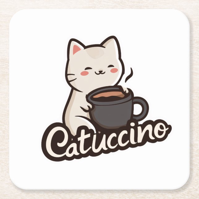 Cute Cat with Coffee – Catuccino Square Paper Coaster (Front)