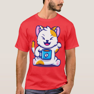 Cute Cat With Coffee Cup Cartoon T-Shirt