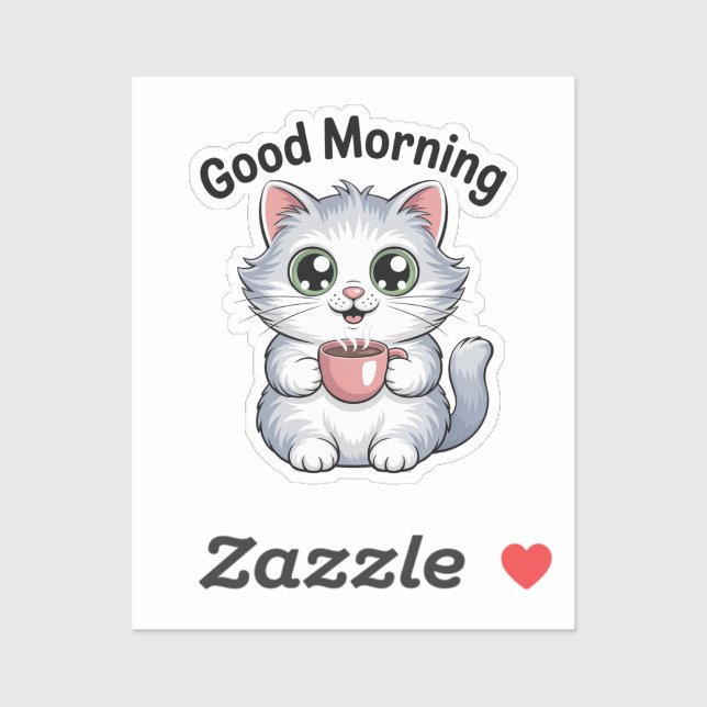 Cute Cat with Coffee “Good Morning” Sticker (Sheet)
