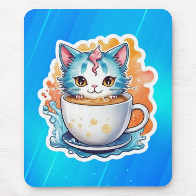 Cute Cat With Coffee Mug Cartoon Design-94678 Mouse Mat (Front)