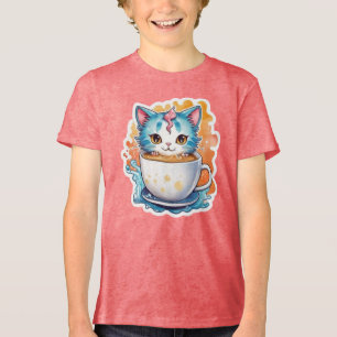 Cute Cat With Coffee Mug Cartoon Design-94678 Tri-Blend Shirt