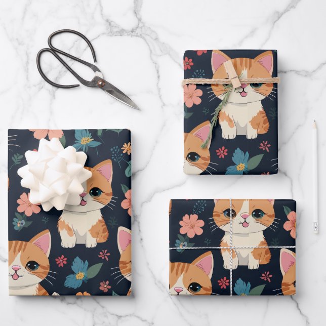 Cute cat with Colourful flowers Pattern Wrapping Paper Sheet (Front)