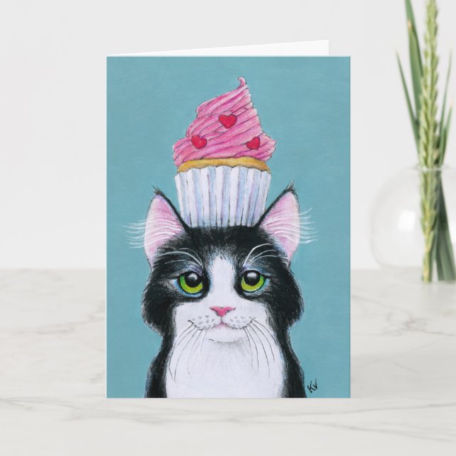 Cute cat with cupcake birthday greeting card (Front)
