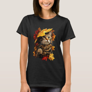 Cute Cat with Fall Leaves Umbrella Autumn Aestheti T-Shirt