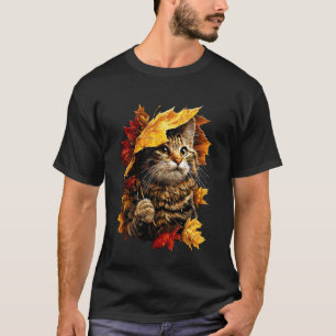 Cute Cat with Fall Leaves Umbrella Autumn Aestheti T-Shirt