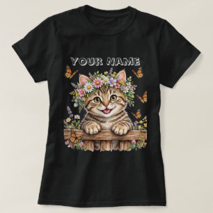 Cute Cat with Floral Crown and Butterflies T-Shirt