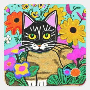  Cute Cat with Flower Folk Art Square Sticker