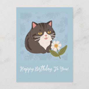 Cute Cat with Flowers Happy Birthday Personalised Holiday Postcard