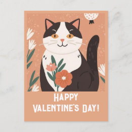Cute Cat with Flowers Happy Valentine's Day Holiday Postcard